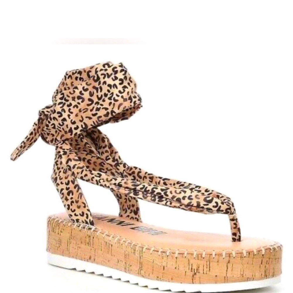 Gianni Bini Leopard Print Platform Sandals Ankle Tie Wrap Cork Wedge Womens 9M